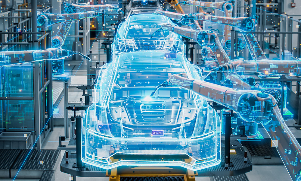 Digital process simulation for auto manufacturing plant. Robots building a car