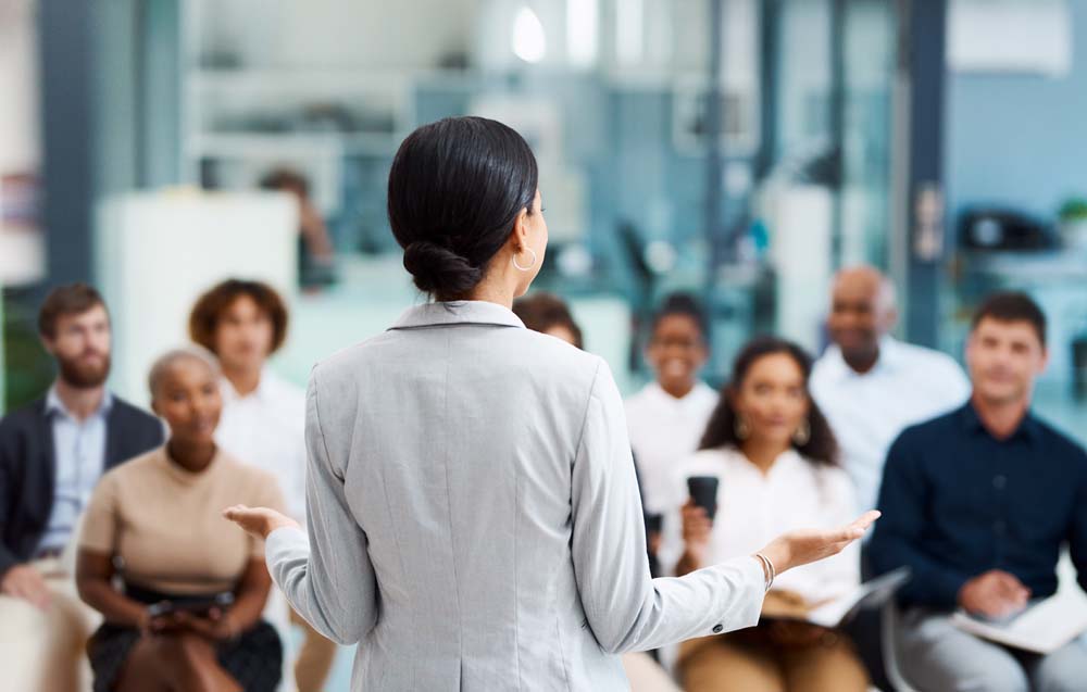 businesswoman giving a presentation in the office boardroom