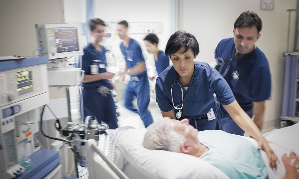 Emergency room care that shows nurses rushing to patient aid. Hospital is able to accurately plan and distribute workers based on patient flow analytics
