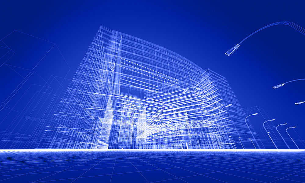 digital building wireframe that imitates FutureFlow Rx digital twin of a hospital building