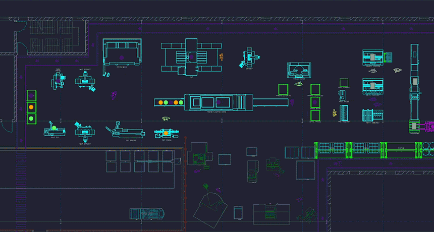 factory movements visualized over CAD floorplan