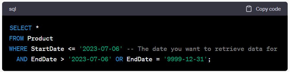 SQL code to get the current data for a specific date