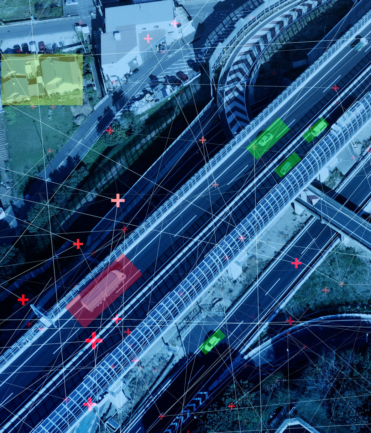 aerial view of roadway with moving cars overlaid with autonomous systems data
