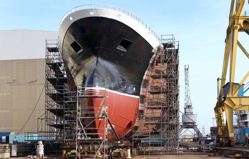 New big ship on dry dock in shipyard